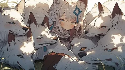 аниме волк с девушкой среди белых волков, милый волк аниме картинка, волк,  животное фон картинки и Фото для бесплатной загрузки