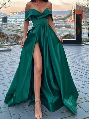 Женское атласное длинное вечернее платье, зеленое изумрудно-зеленое платье  с открытыми плечами, разрезом, V-образным вырезом, длиной в Пол | AliExpress