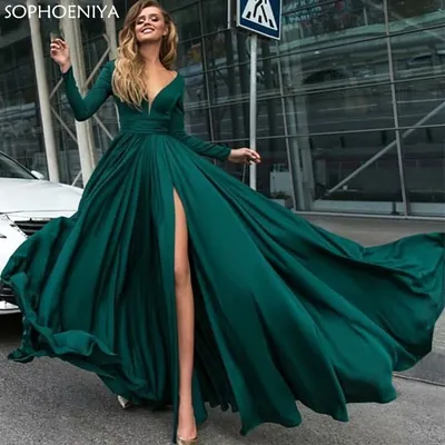 Женское вечернее платье с разрезом, зеленое платье из спандекса с длинным  рукавом для выпускного вечера, 2019 | AliExpress