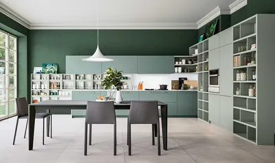 Темно зеленая кухня с большими …» — создано в Шедевруме