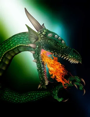 Мультяшный зеленый дракон на цветочном поле - Ozero - российский фотосток