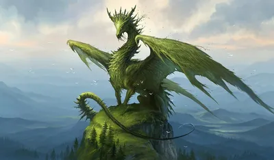 Огнедышащий зеленый дракон сказочно, …» — создано в Шедевруме