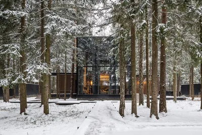Зимний пейзаж с домиком в лесу - 78 фото
