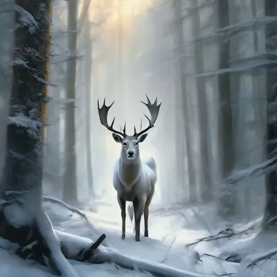 Красивый белый олень зимой в лесу» — создано в Шедевруме