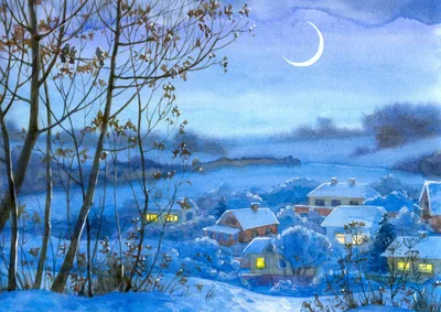 Фотографии поселок Зима Природа Луна Живопись лунный серп 2560x1811